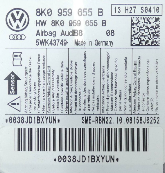 CALCULATEUR AIRBAG 8K0959655B 5WK43749 AUDI