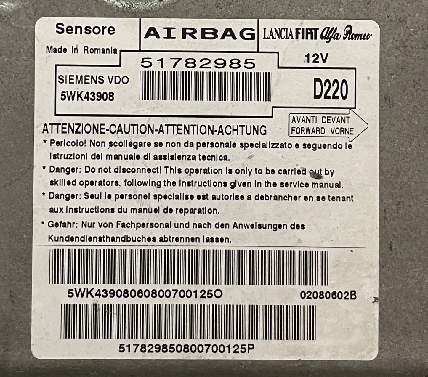 CALCULATEUR AIRBAG 51782985 5WK43908 FIAT Ma boutique