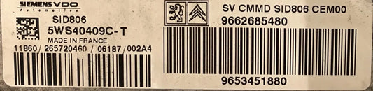 CALCULATEUR MOTEUR SID806 5WS40409C-T 9653451880 9662685480 PSA Ma boutique