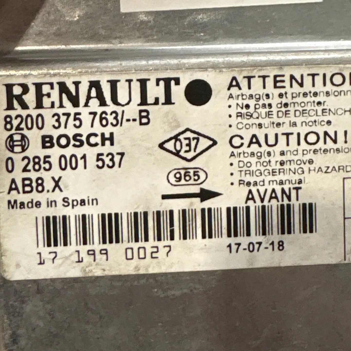 CALCULATEUR AIRBAG AB8.X 8200375763B 0285001537 RENAULT