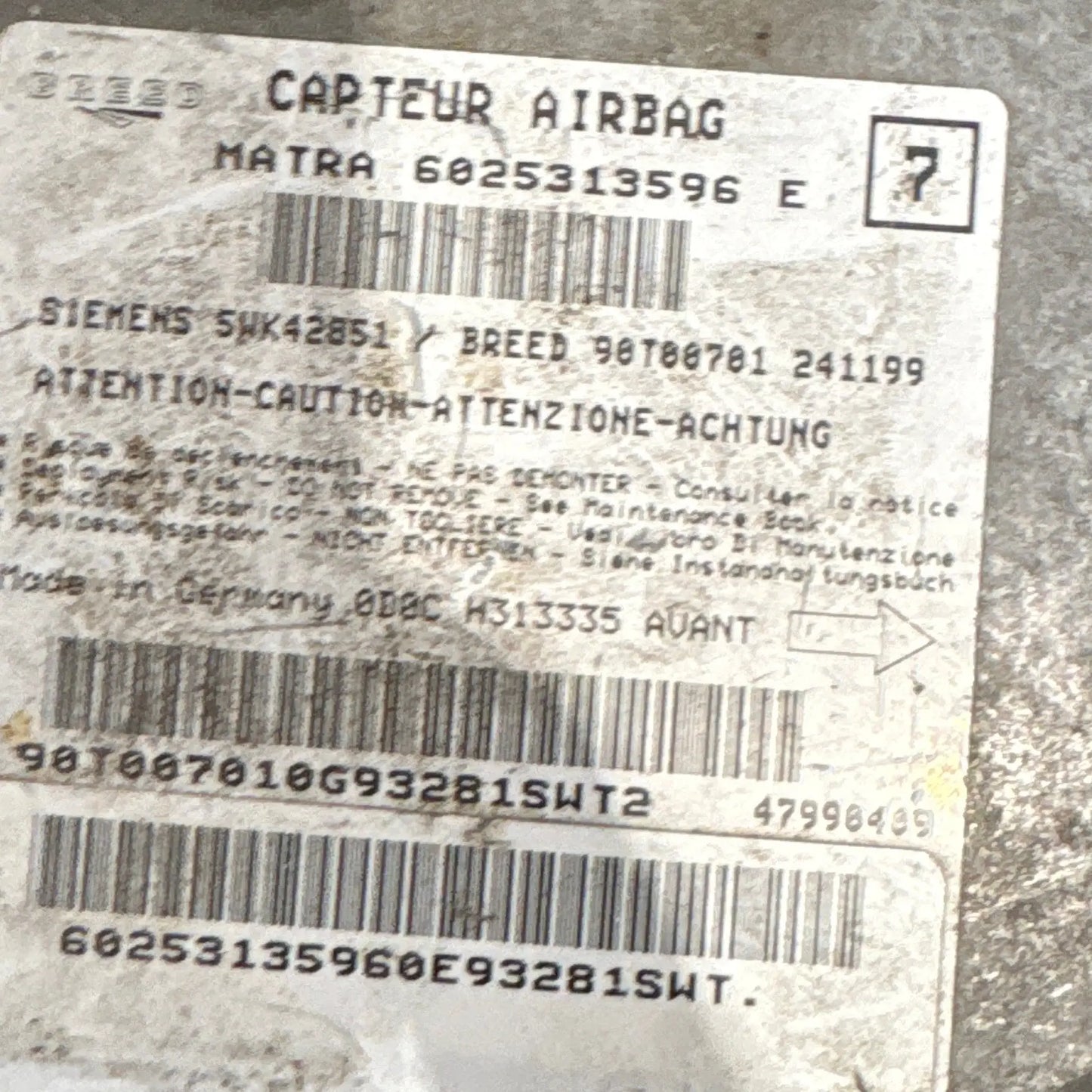CALCULATEUR AIRBAG 6025313596E 47990409 RENAULT Ma boutique