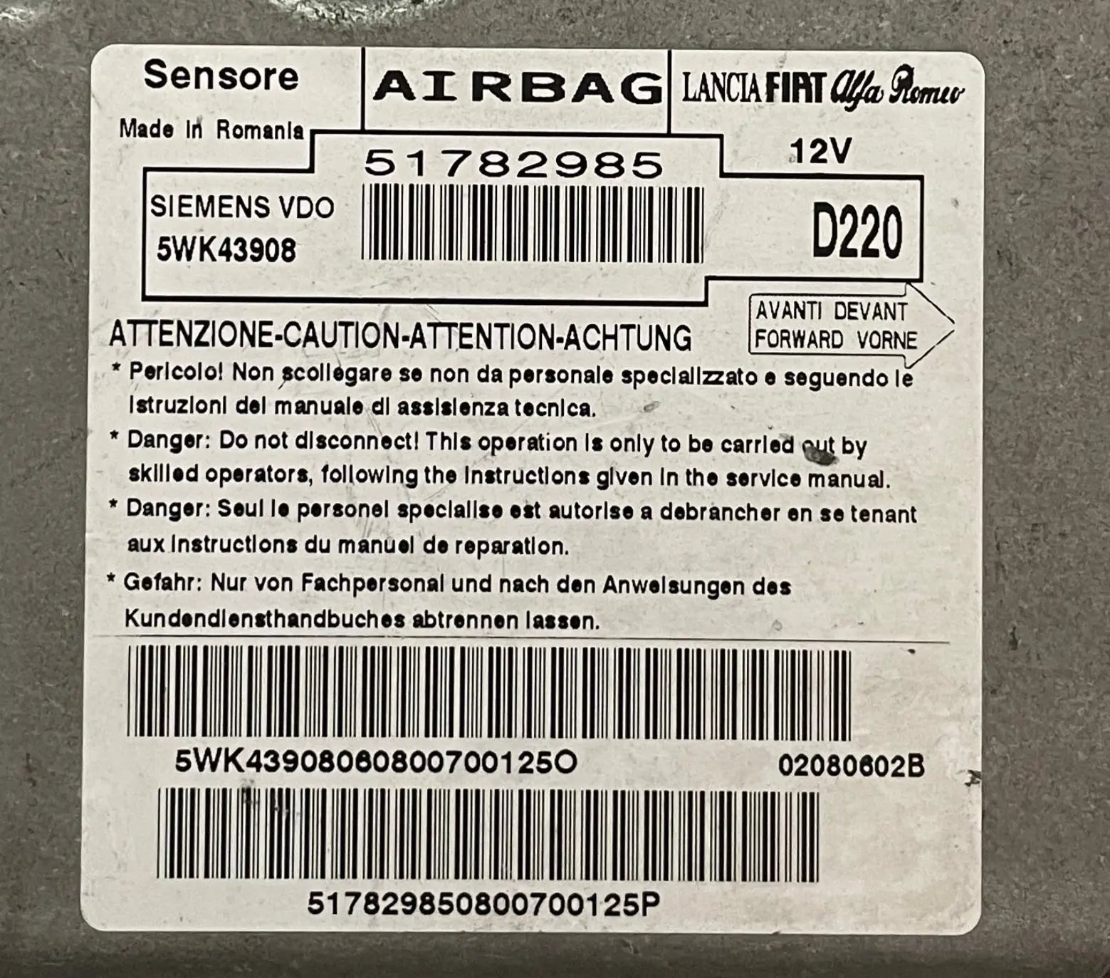 CALCULATEUR AIRBAG 51782985 5WK43908 FIAT Ma boutique