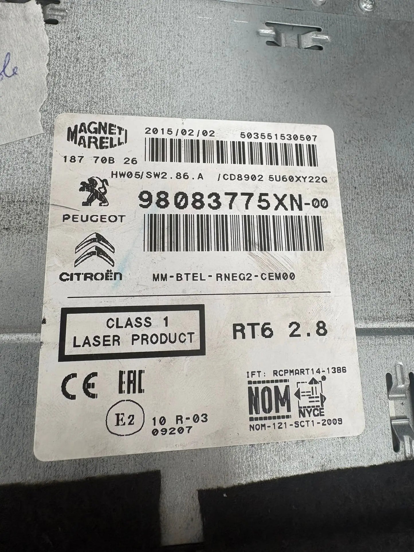 AUTORADIO POSTE CD RT6 2.8 98083775XN HW05/SW2.86.A PSA MM -BTEL-RNEG2-CEM00 PSA
